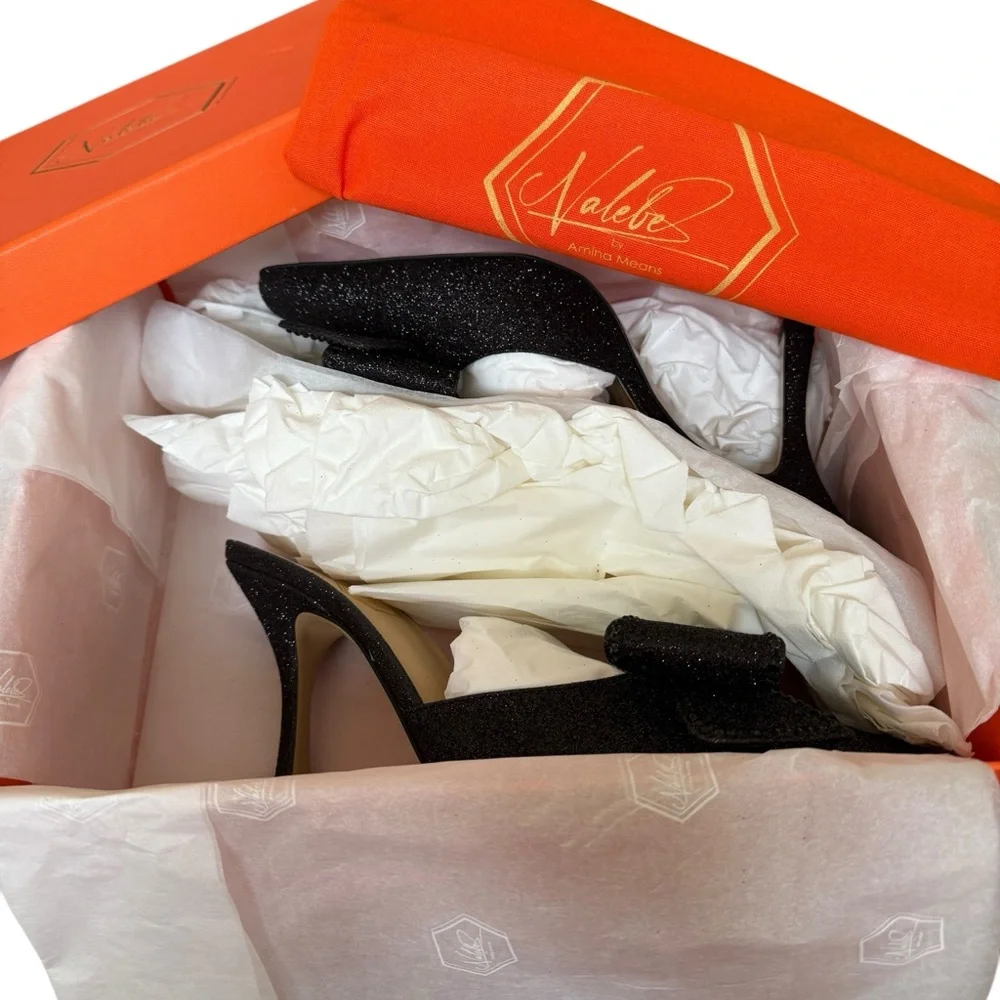 NIB Nalebe By Amina Means Reflections Dimante 
Glitter Bow Mule Heels - Picture 7 of 8